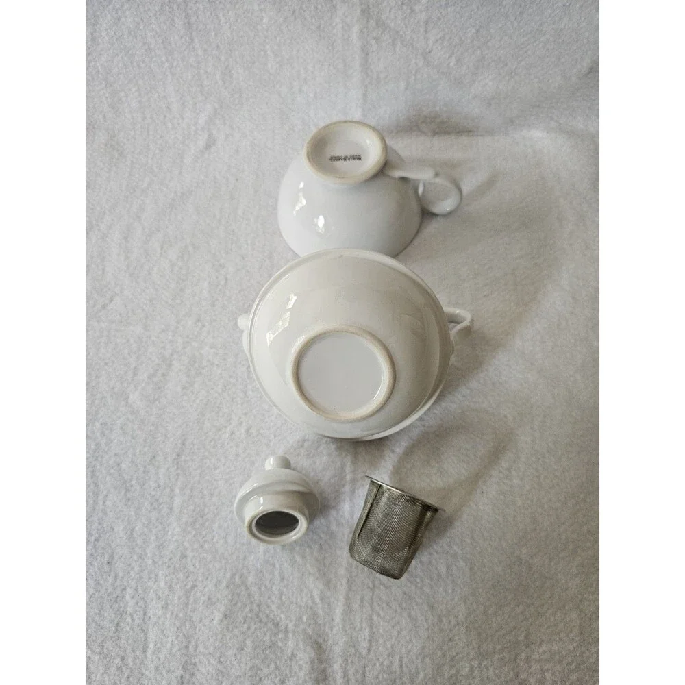 World Market White Tea For One Teapot Cup Set Infuser Ceramic Made In China